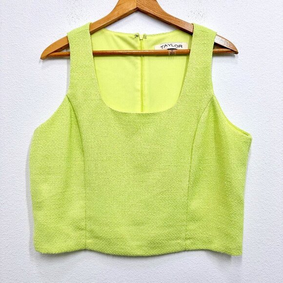 Taylor Light Lime Green Tweed Square Neck Cropped Top Women's Size 12 Brunch - Picture 1 of 4
